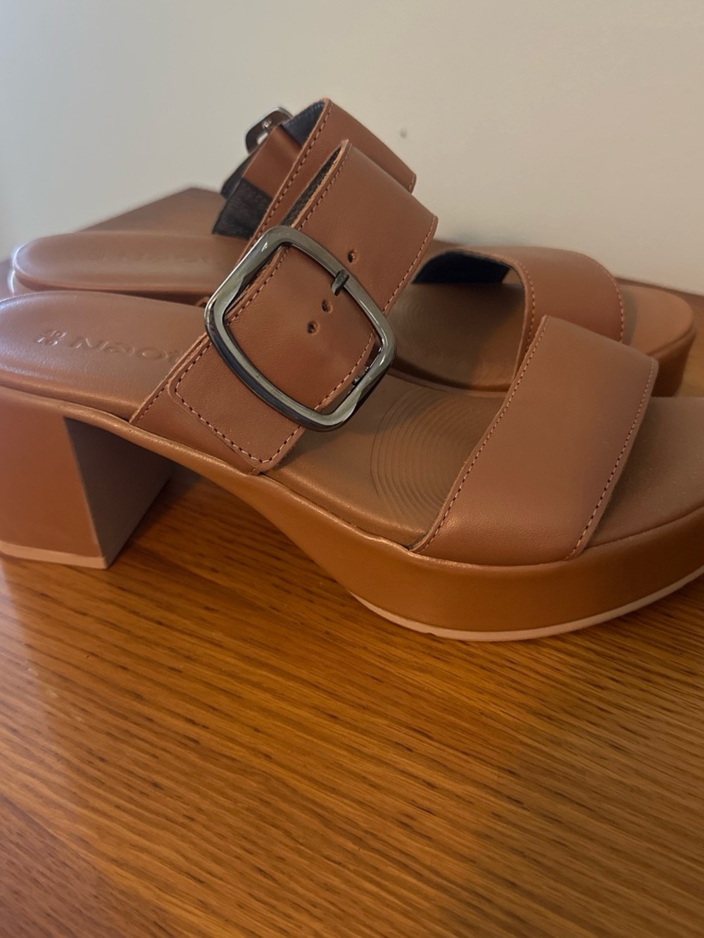 Naot Tan Leather Block Heel with Buckle